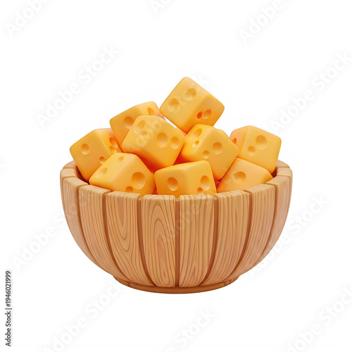 A bowl of cubed cheese isolated on transparent background