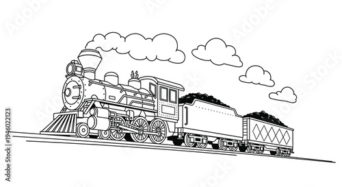 An old steam locomotive train pulls coal cars across tracks.