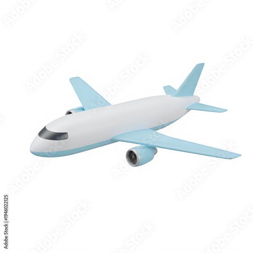 A white and light blue airplane flying through the air isolated on transparent background