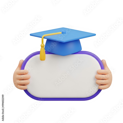 A hand holding a blank sign wearing a blue graduation cap isolated on transparent background