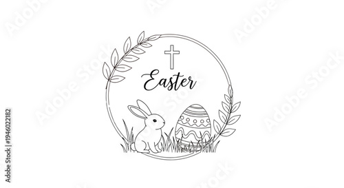 A small rabbit beside a decorated egg within a leafy circle.