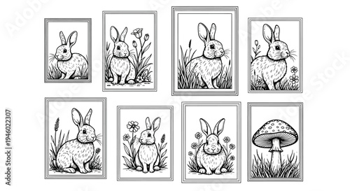 Rabbit line drawings appear inside a framed coloring book.