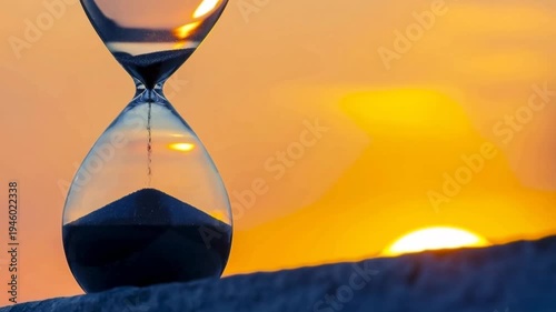 An hourglass sits on a table as sunlight fades in the background. The sand slowly falls through the glass, marking the passage of time as day turns to night in a striking view.