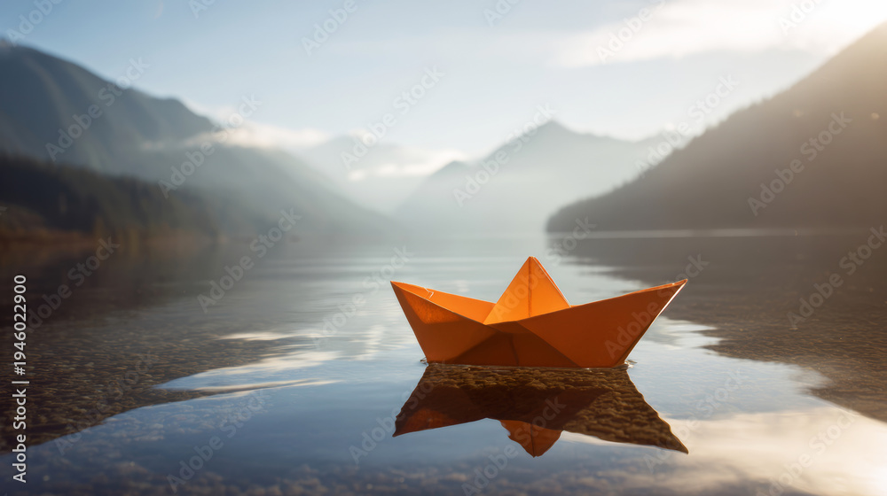 Fototapeta premium Orange paper boat floating on calm mountain lake, reflecting tranquil landscape and a warm sunbeam