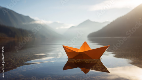 Orange paper boat floating on calm mountain lake, reflecting tranquil landscape and a warm sunbeam
