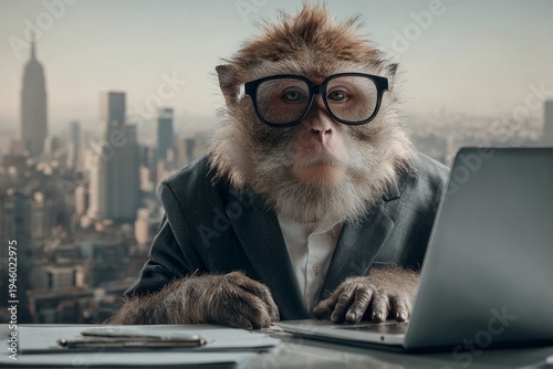 Monkey businessman laptop sunset office