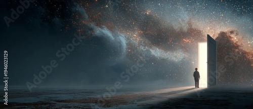Man Opening Door to Universe Full of Stars Surreal Concept