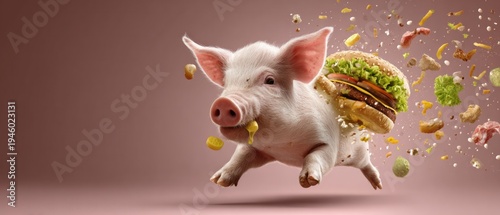 Funny Pig Eating Giant Burger with Ingredients Flying in Air
