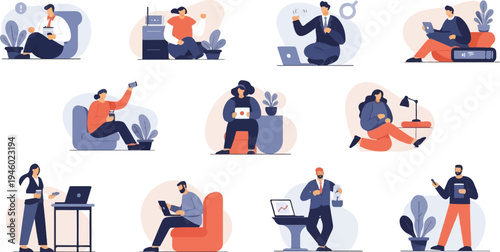 Diverse individuals engaged in modern work and communication activities