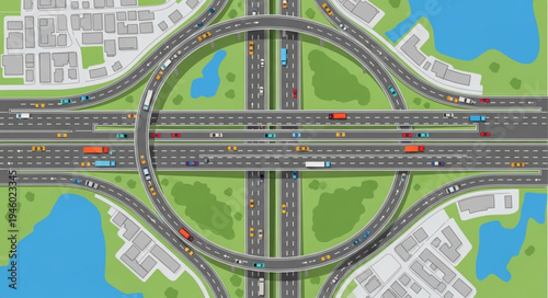 Aerial View of a Complex Highway Interchange with Traffic.