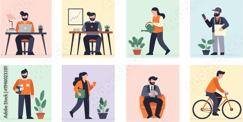 Diverse individuals engaged in various daily work and leisure activities