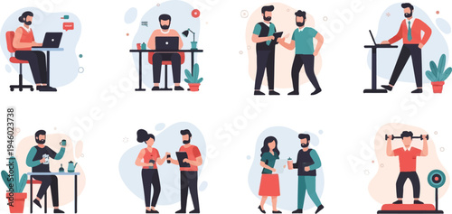 Diverse people engaged in work, leisure, and fitness activities