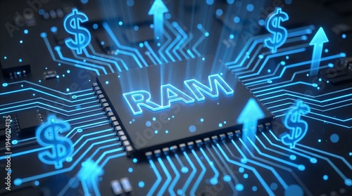 Glowing RAM chip on a blue circuit board with dollar symbols and rising arrows, memory shortage, price increase, AI data center demand.