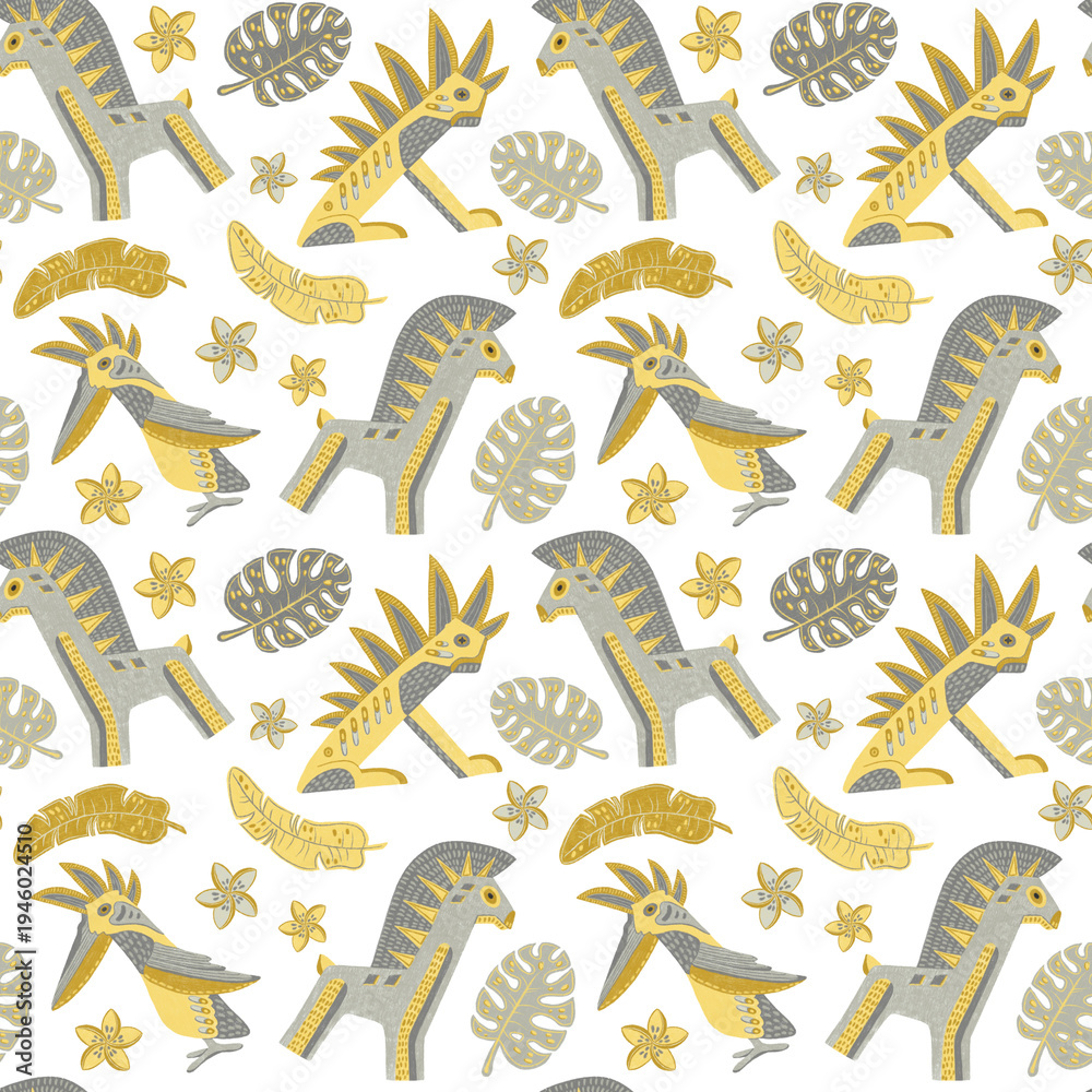 Fototapeta premium Seamless tropical pattern with hand drawn stylized bird, horse, fantasy animal, palm leaves, frangipani flowers in grey and yellow on transparent. Ideal for textile, wallpaper, nursery design