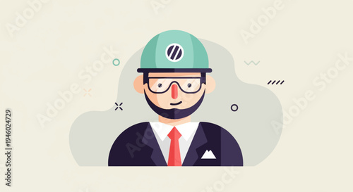 Flat illustration of a man wearing a hard hat, glasses, and suit