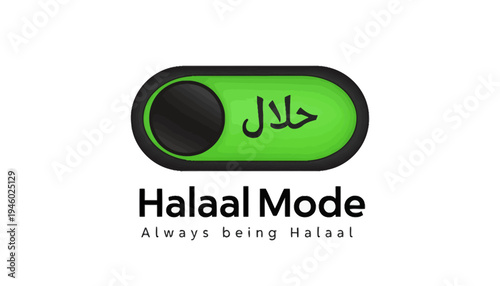 A logo for Halaal Mode with a green toggle switch and Arabic text