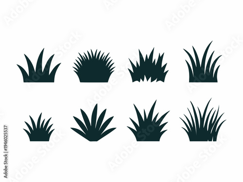 Collection of different grass silhouettes and plant tufts isolated on white background