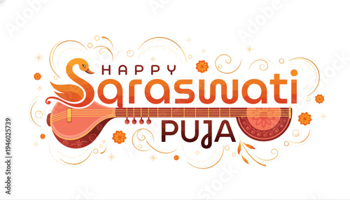 A vibrant illustration celebrating the saraswati pooja with colorful decorations