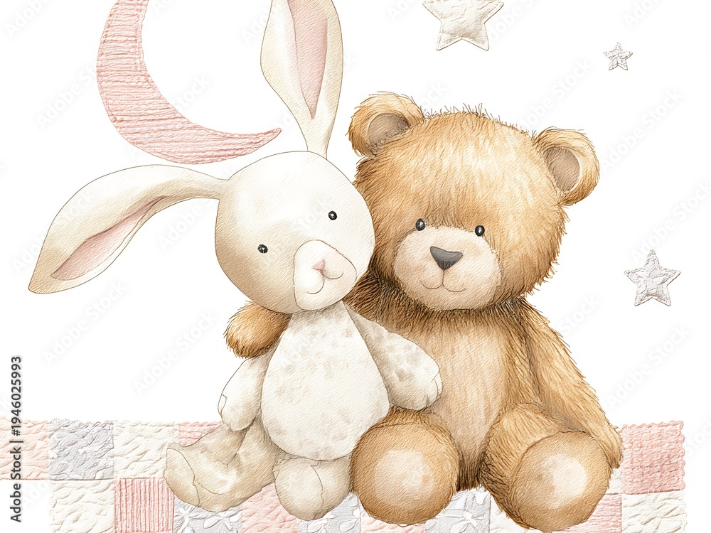 Fototapeta premium Cute watercolor illustration of a white bunny and teddy bear sitting together under the moon, nursery art for kids