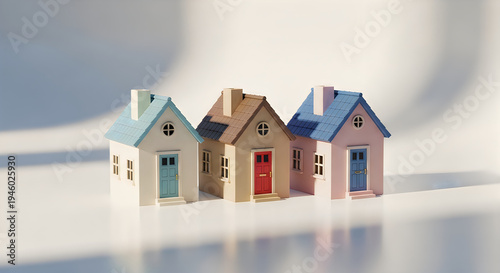 Three colorful toy houses lined up on white surface with soft light