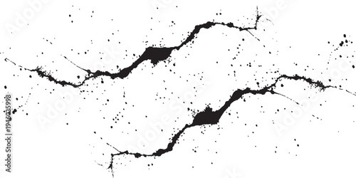 Dynamic black ink splash wave with grunge cracks and scratches isolated on transparent background, abstract liquid paint splatter flow, artistic brush stroke motion design element for modern creative 