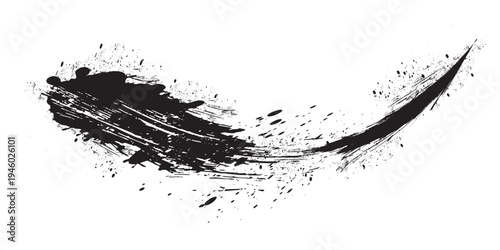 Abstract black paint brush stroke with ink splatter isolated on transparent background, dynamic grunge brush swipe, artistic hand drawn paint streak design element for banners, textures and creative c