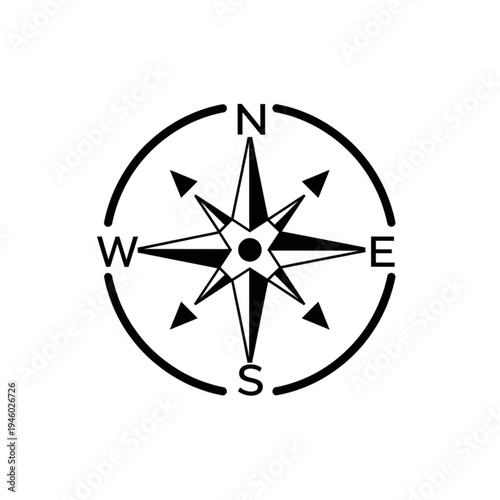 A black and white graphic illustration of a compass rose with cardinal directions N, S, E, W and arrows indicating intermediate directions.
