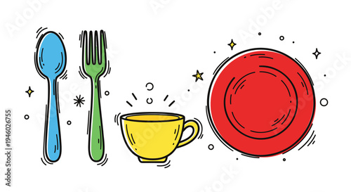 Vector illustration of colorful dining utensils and dishware