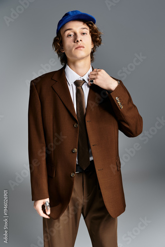 Canvas Print Stylish handsome man in a trendy brown suit with a blue cap striking a confident