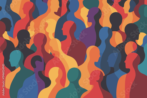 A vibrant crowd of abstract human silhouettes overlaps in a dynamic composition. Diverse colors symbolize a rich and varied community of individuals coming together. 