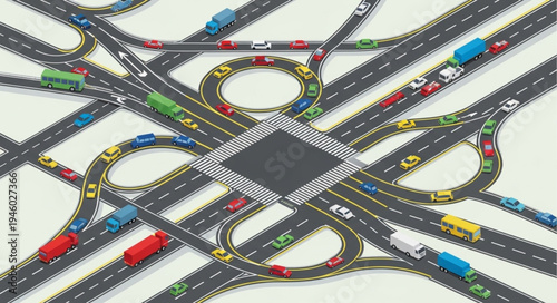 Complex highway interchange with multiple lanes and vehicles.