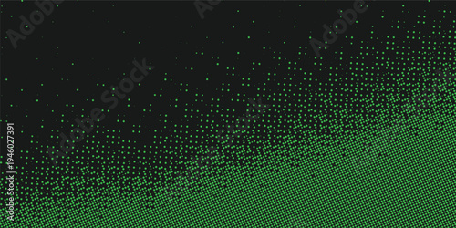 Abstract green halftone pattern fading into black background, dynamic diagonal gradient, graphic design element, modern texture.