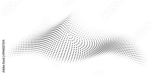 A swirling abstract pattern of black dots forming a wave-like structure on a clean white background.