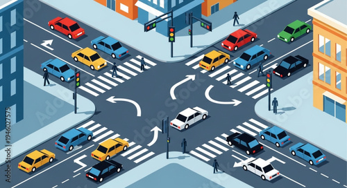 Busy City Intersection with Cars and Pedestrians.