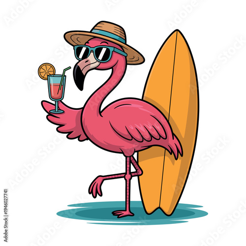 A cartoon flamingo wearing sunglasses and a hat holds a cocktail next to a surfboard