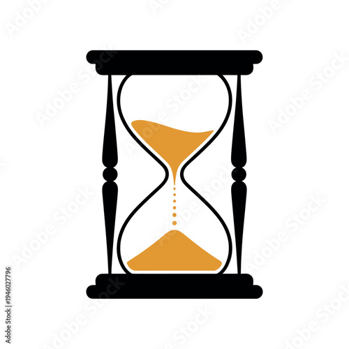 An hourglass with sand flowing from top to bottom on a white background