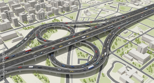 Aerial View of a Complex Highway Interchange with Traffic.