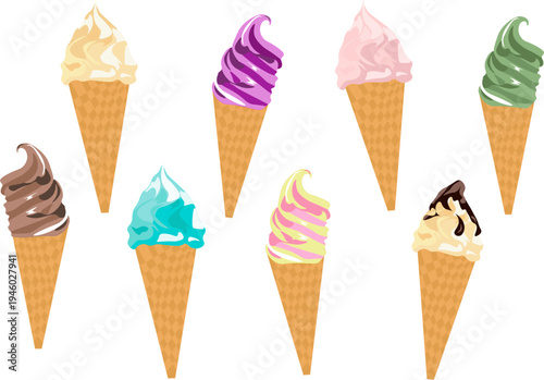 A set of images of ice cream cones with chocolate, grape, strawberry, raspberry, vanilla, mint, blue moon, and lemon flavors. 