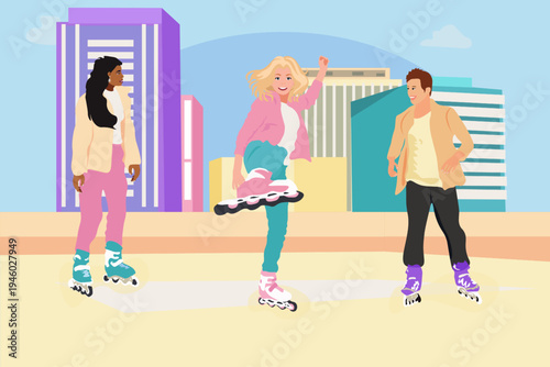 The African American girl, young man and blond girl are enjoying roller skating together in the background urban city.