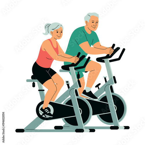An elderly couple exercising together on stationary bikes at the gym
