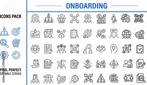 onboarding icon set. Contain icons related to Employee, Human Resources, welcome, training, learn, orient, team, process, support, Company, and more. Editable stroke. Vector Illustration