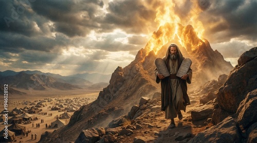 Moses carrying stone tablets of ten commandments down mount Sinai. Prophet descending from fiery mountain top with divine law. Biblical scene representing religious history and faith.