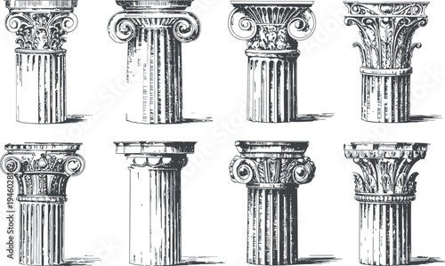 This collection displays detailed sketches of classical architectural columns. Various historical orders are represented including the iconic Doric, Ionic, and Corinthian styles