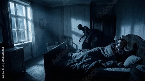 Frightened man lying in bed awakened by a terrifying supernatural monster in a dark bedroom at night. Concept of sleep paralysis and demonic presence. Horror scene for thriller theme.