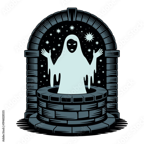 A ghostly figure emerges from a stone well under a starry night sky