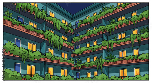 Lush greenery on modern building facade captured in nighttime comic style
