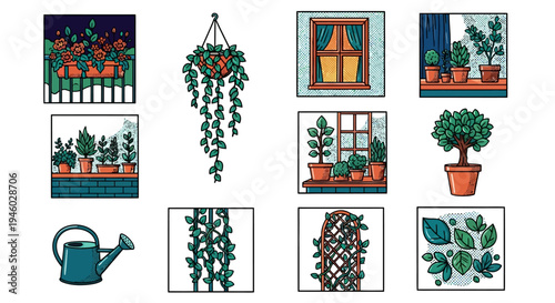 Vibrant botanical decor: window and garden elements with potted plants and floral arrangements