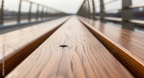 Wooden planks on bridge extend into distance, creating strong leading lines and deep perspective. Visual emphasizes path, journey, or future direction.