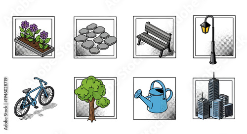 Urban elements in retro pop art style featuring bike, tree, and cityscape