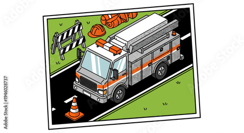 Isometric fire truck on road with traffic cones and construction barrier